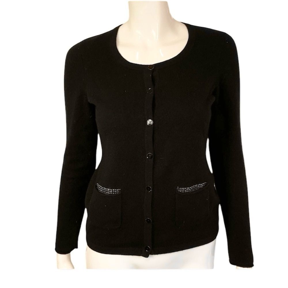 Sutton Cashmere Black Rhinestone Elbow Button Front Cardigan Sweater Size S
